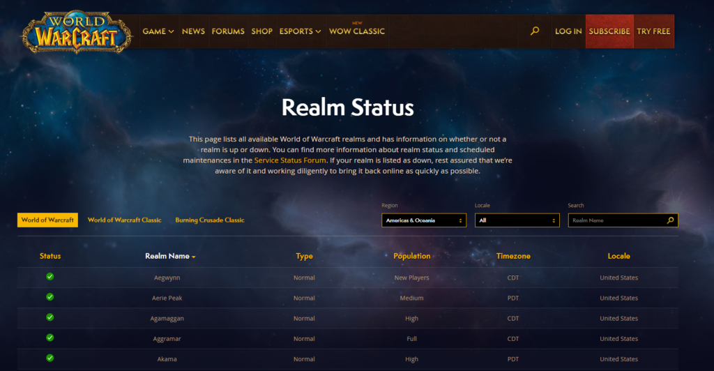 A screenshot of the realm status page on the official World of Warcraft website.