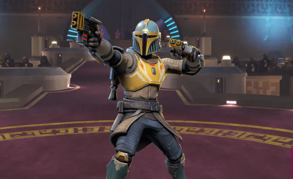 Aran Tal aiming guns in an arena in Star Wars: Hunters.