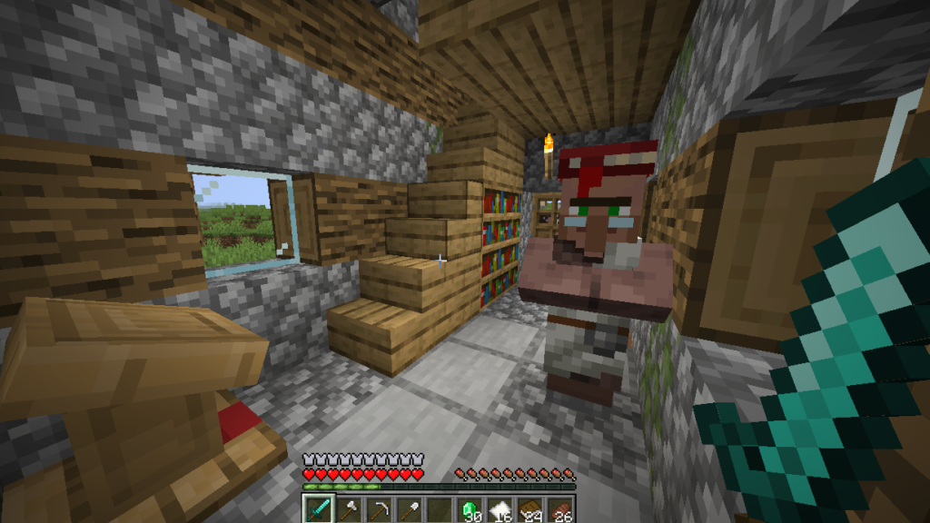 A librarian villager standing in their home.