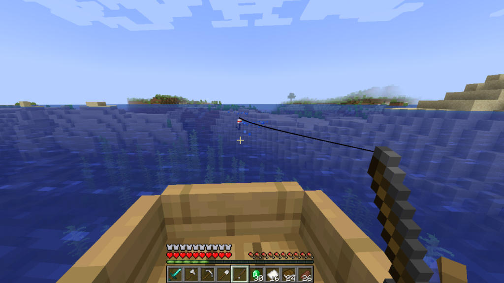 The player sitting in a boat and fishing in the ocean in Minecraft.