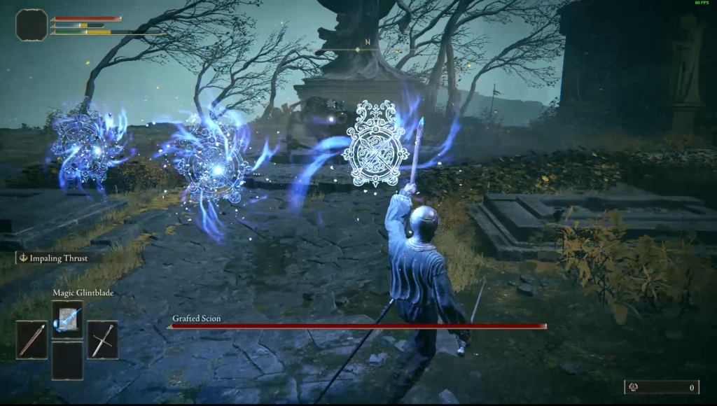 The prisoner class using magic against a Grafted Scion in Elden Ring