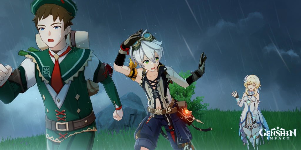 Bennett running away in the rain waving at Lumine