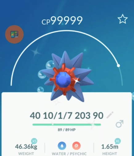 Shiny Starmie in-game screen in Pokémon Go