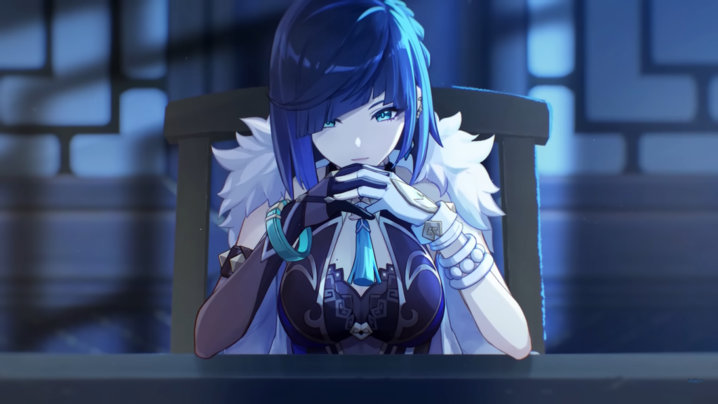 Yelan leaning forward on a desk with her hands folded together.