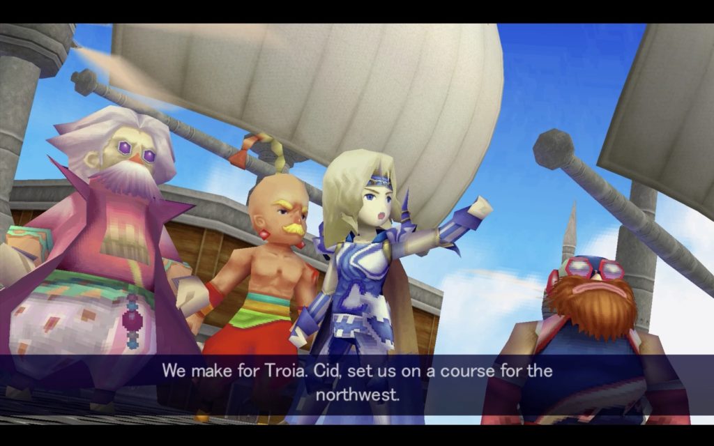 The crew of Final Fantasy IV takes to the skies on an airship.
