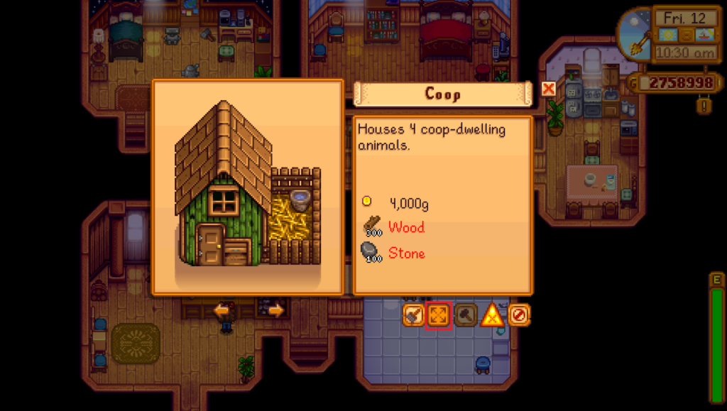 In-game screenshot of getting a chicken coop