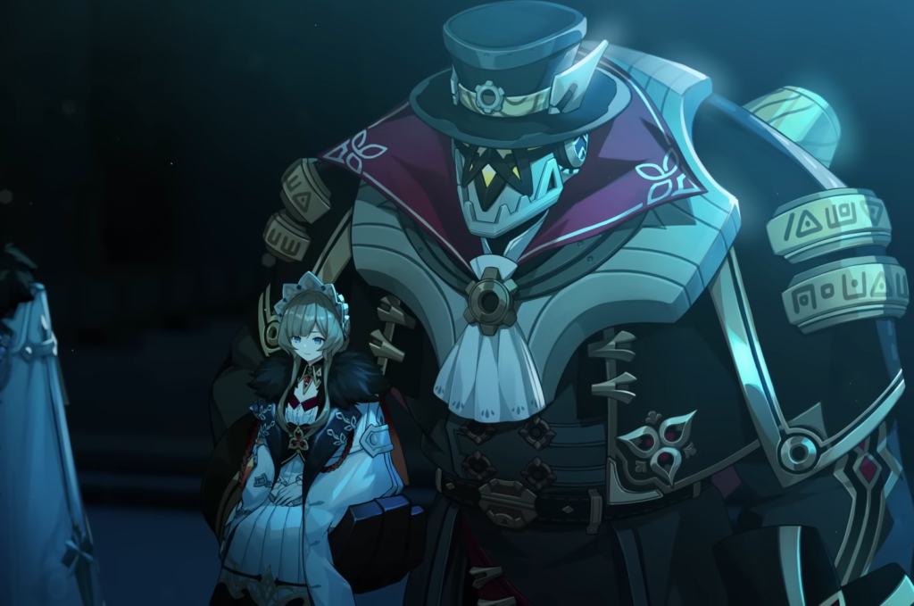 Sandrone being held by a modified Ruin Guard. 