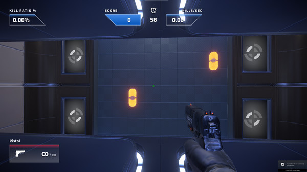 A player aims at targets holding a pistol in one of SteelSeries 3D Aim Trainer's practice modes.
