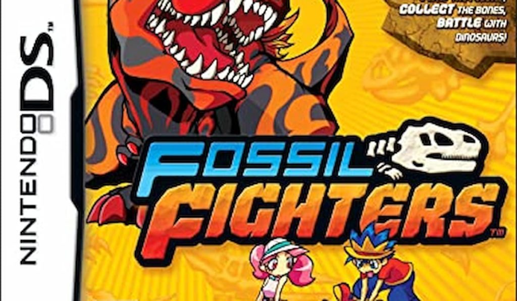 The cover art for Fossil Fighters, showing a giant red T-rex-like creature behind a boy with blue hair and a girl with pink hair.