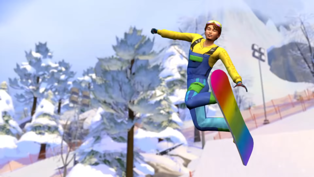 A Sim snowboarding and hovering in the air on a snowy mountain. 