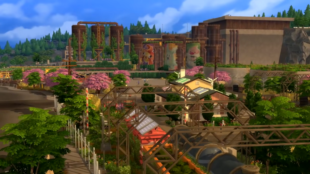 The world of Evergreen Harbor overflowing with greenery while the eco footprint is green.