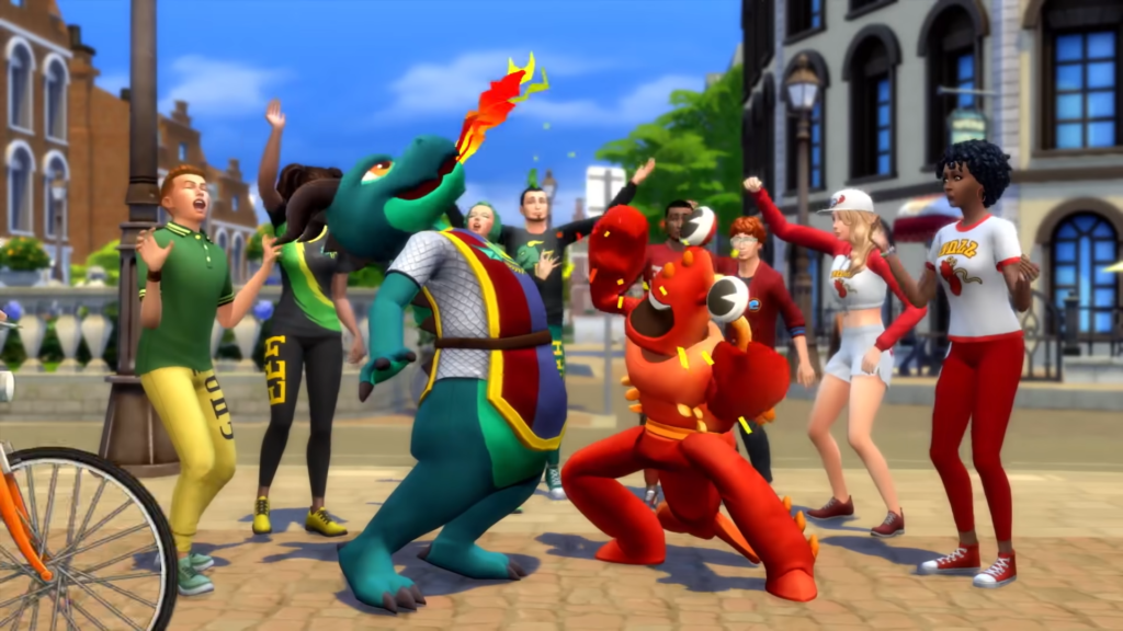 The two university mascots rallying a crowd of university Sims. 