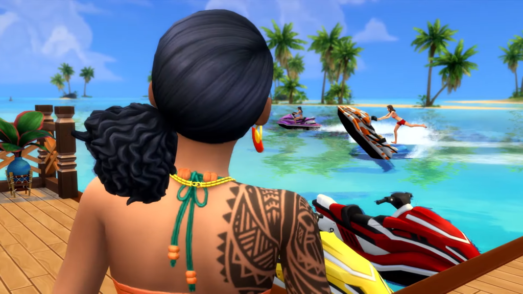 A Sim looks out over a tropical lagoon where another Sim performs a trick on a jetski.