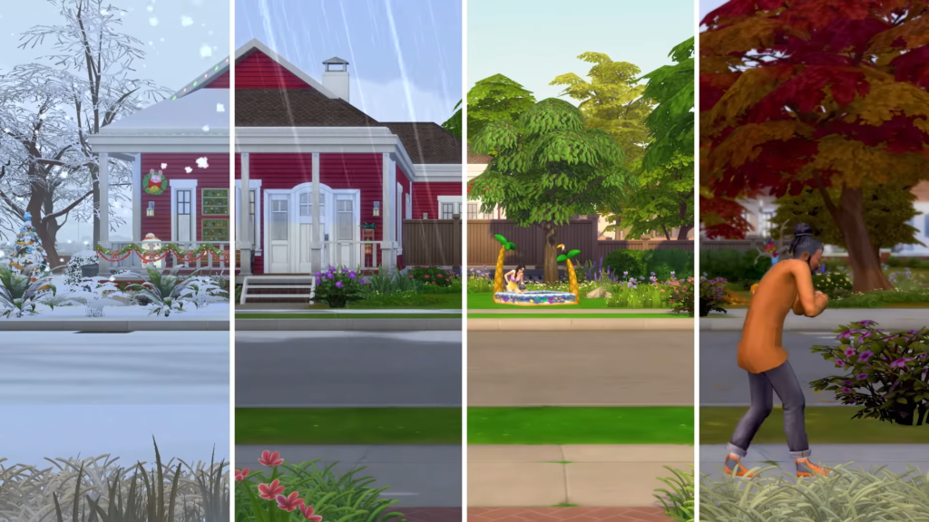 Winter, Spring, Summer, and Fall effecting a Sims world. 