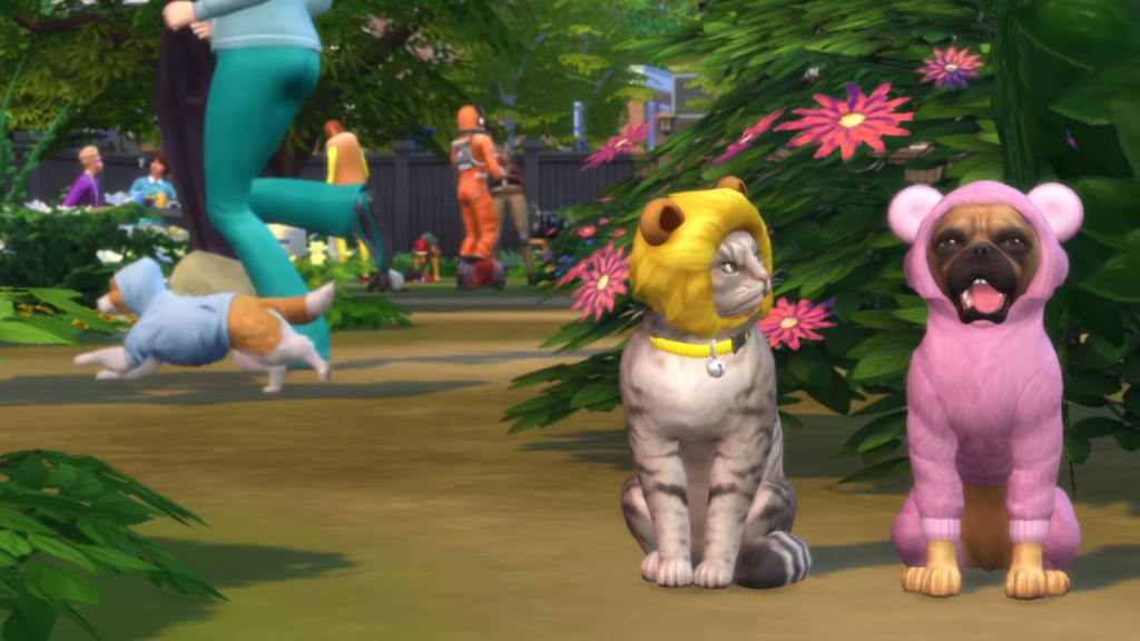 A dog and a cat sitting next to each other in silly outfits while a Sim runs with their dog in the background.