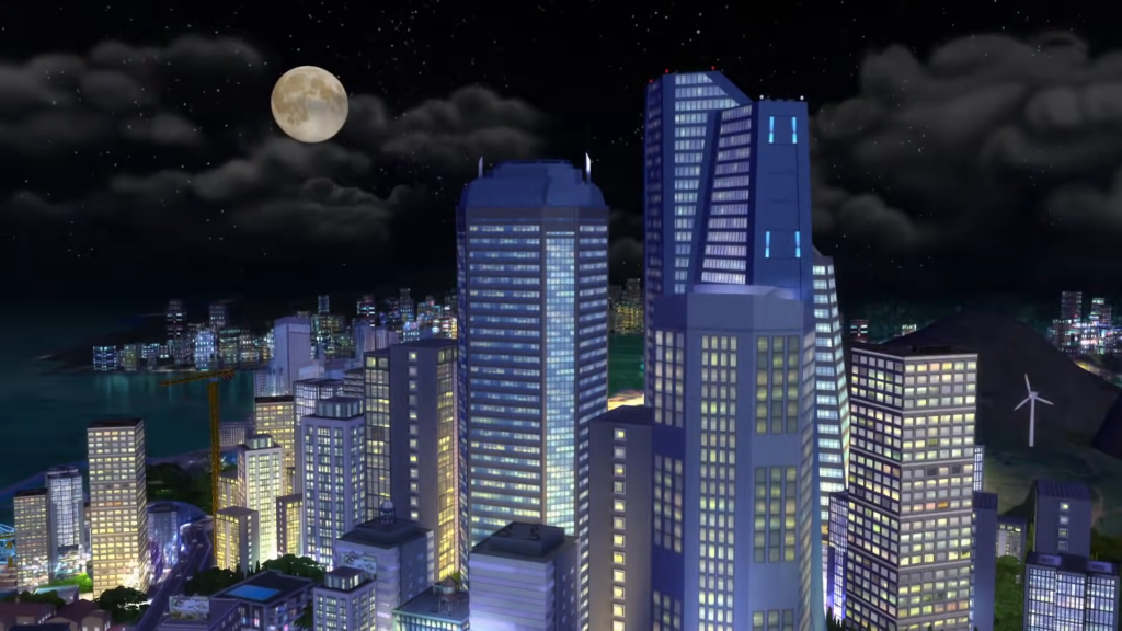 The city on San Myshuno lit up at night.