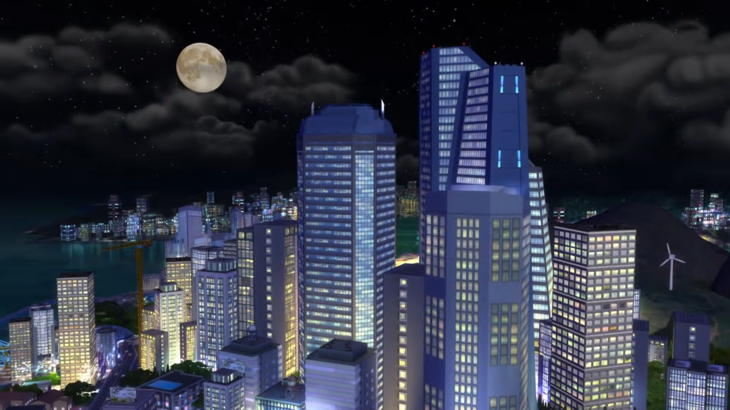 The city on San Myshuno lit up at night. 