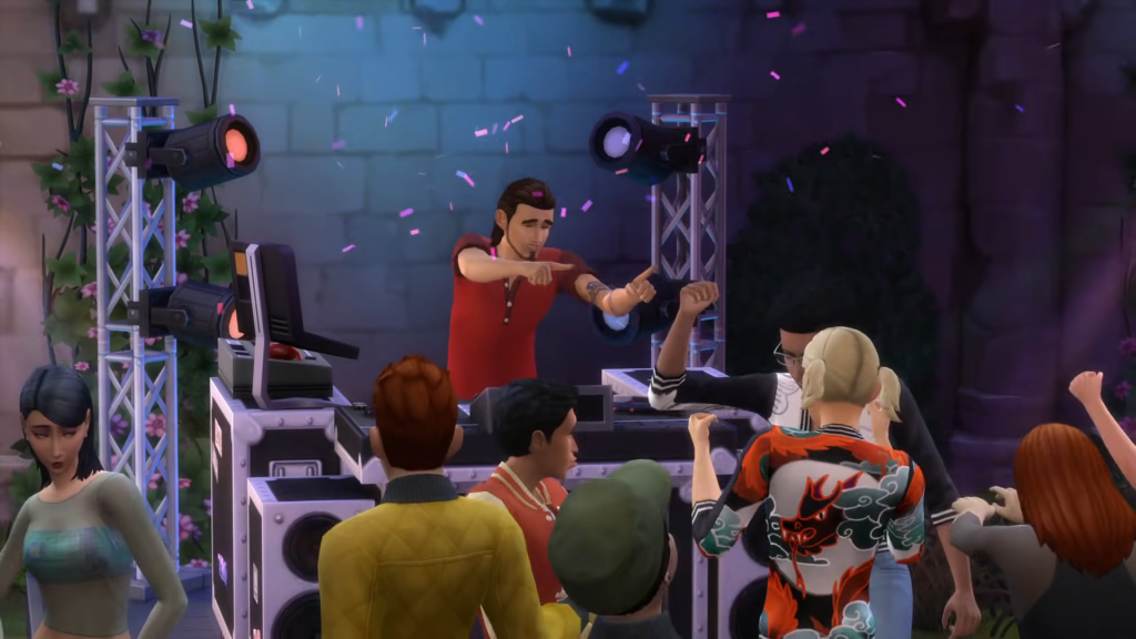 A Sim DJing for a crowd of Sims.