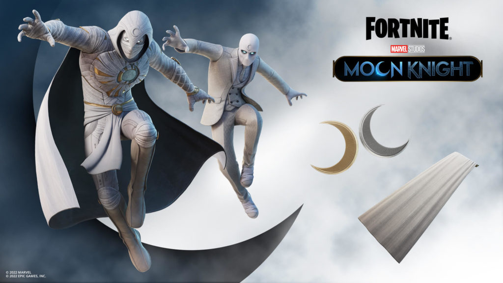 Moon knight in his classic white caped suit is front left while his other self wearing his nice white suit and tie is behind him in the center.