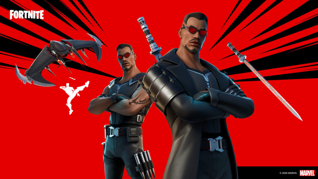 Two forms of Blade are shown with the right having his black trench coat and his left without. His sword and glider are shown to the left and right of them