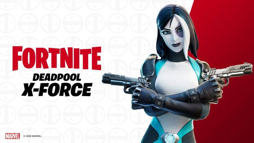 Domino stands on the right in her black, teal, and white suit wielding two pistols.