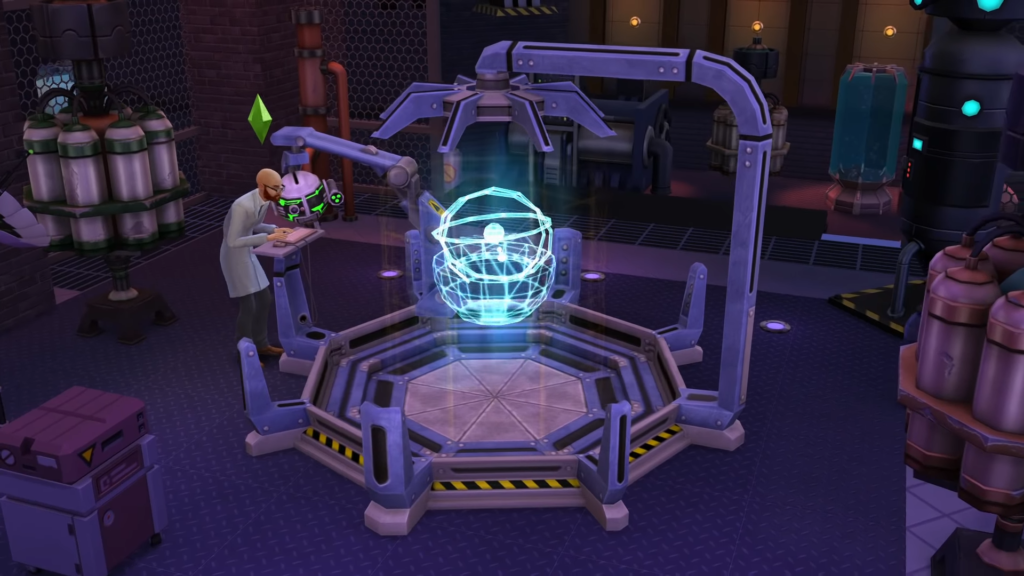 A sim using a machine at work as a scientist. 