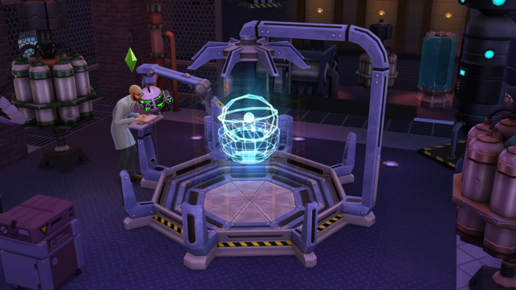 A sim using a machine at work as a scientist.
