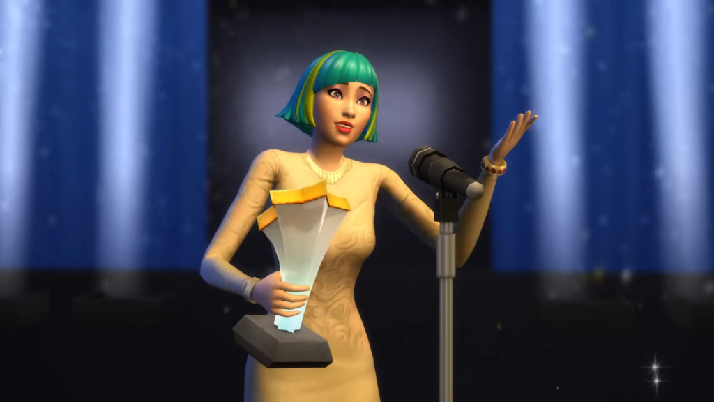 A famous sim giving a speech after earning an award. 