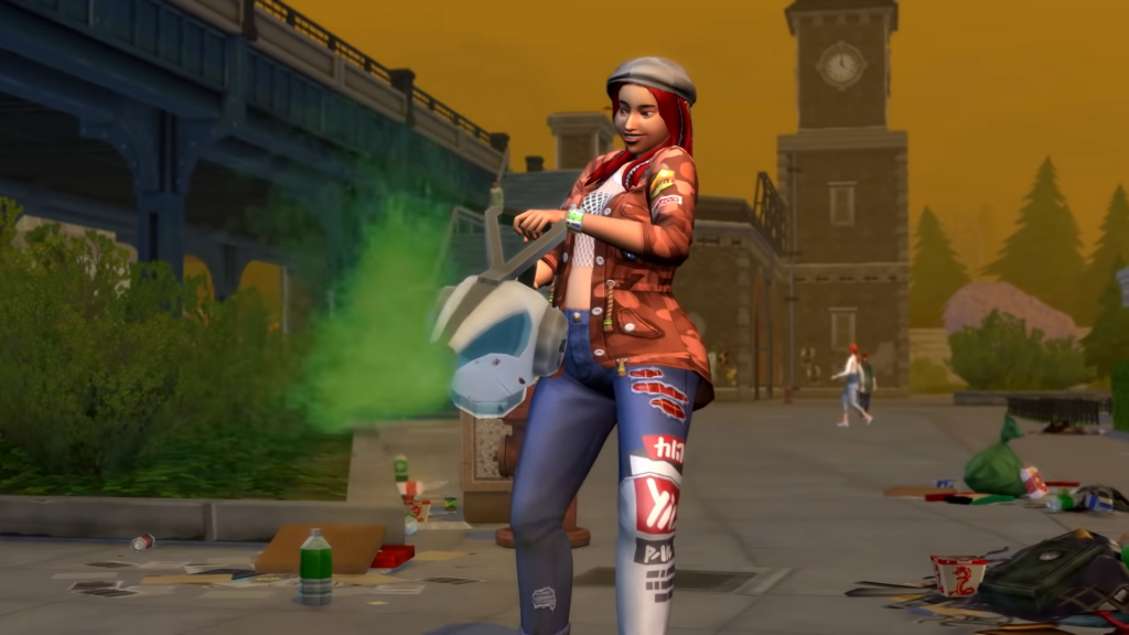 A Sim clearing the contamination from the air in Evergreen Harbor.