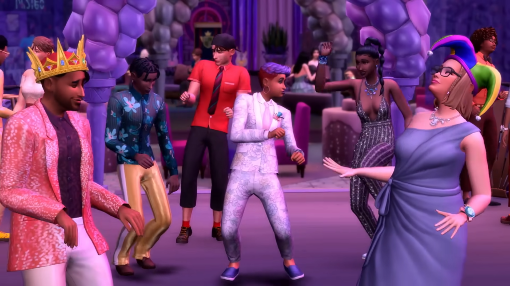 A group of teen Sims dancing at prom. 