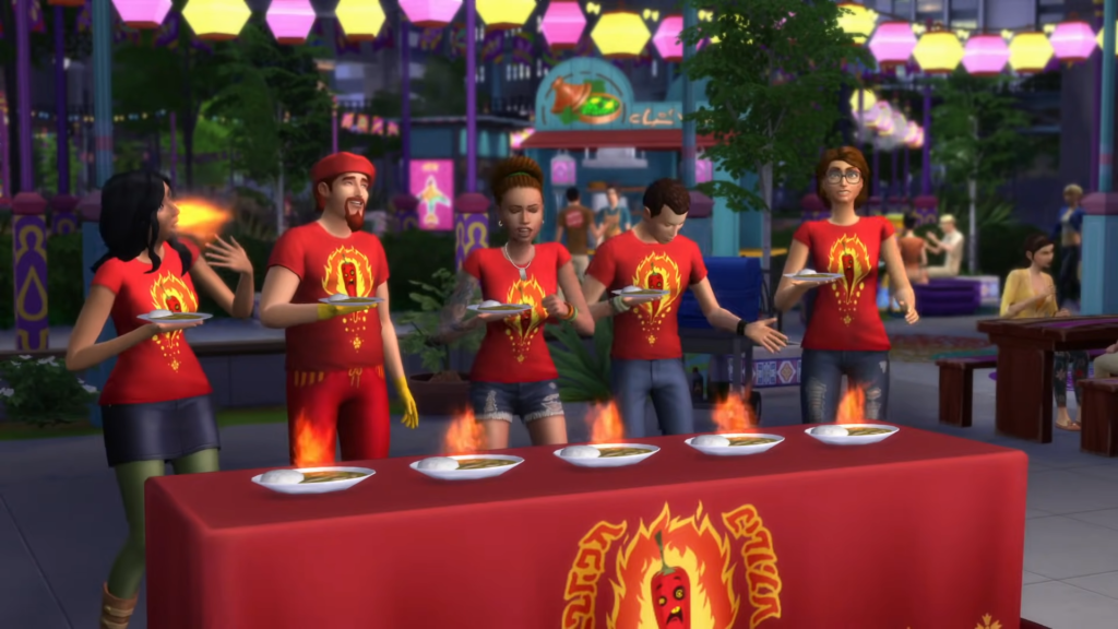Five Sims participating in the spicy eating contest at the Spice Festival. 