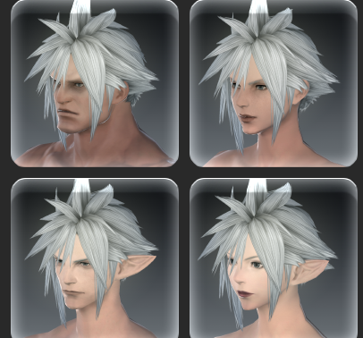 Screenshot showing the same hairstyle on four different races from FFXIV.