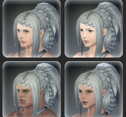 Screenshot showing the same hairstyle on four different races from FFXIV.