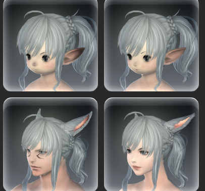 Screenshot showing the same hairstyle on four different races from FFXIV.