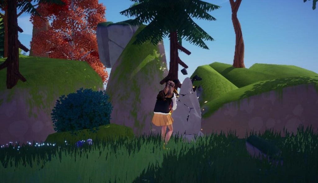 The player mining a rock spot with their pickaxe.