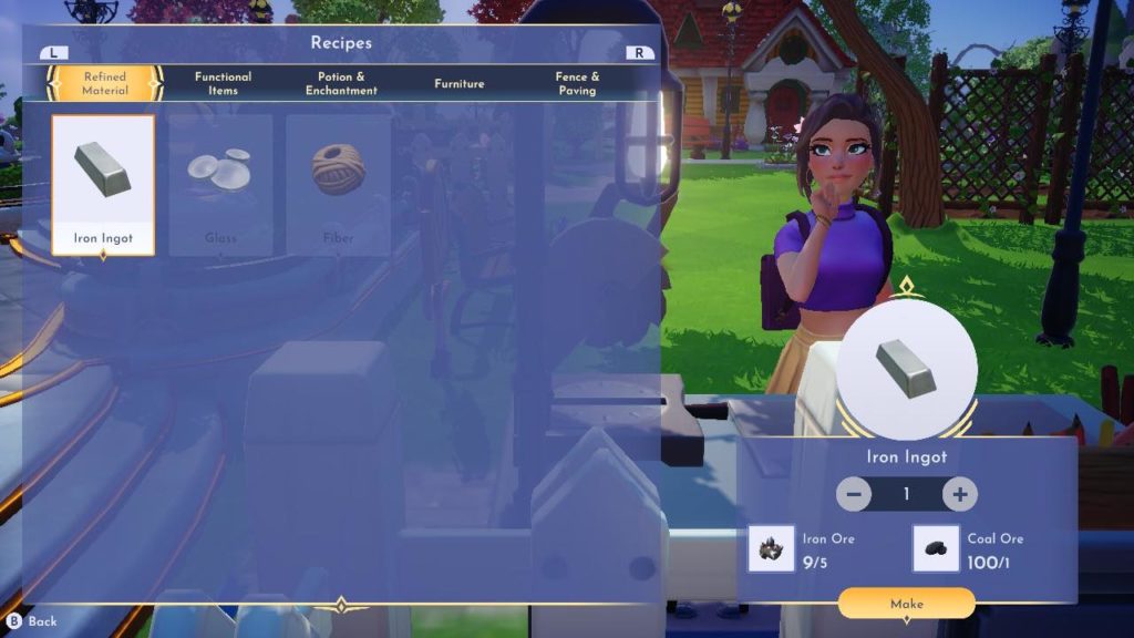 The player preparing to craft and Iron Ingot. A purple menu showing item recipes appears on the screen.