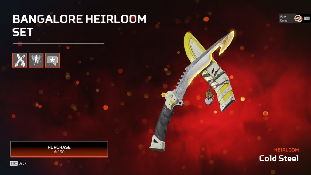 Bangalore's Cold Steel heirloom in Apex Legends.
