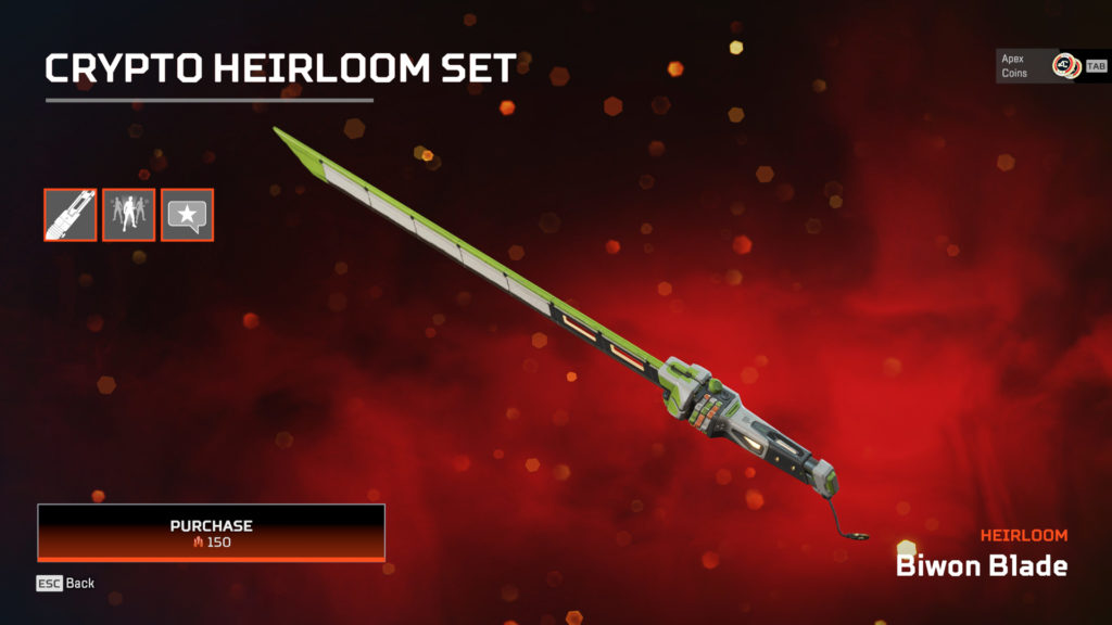 Crypto's Biwon Blade heirloom in Apex Legends.
