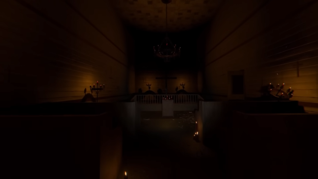 A lowly lit church area in Phasmophobia.