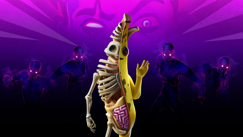An image of Peely, but you can see his bones and guts on one side of him