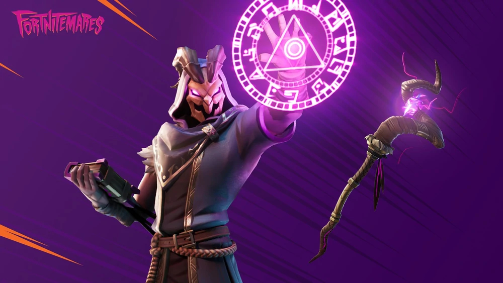 A man with a horned mask casting a spell from a book he's holding