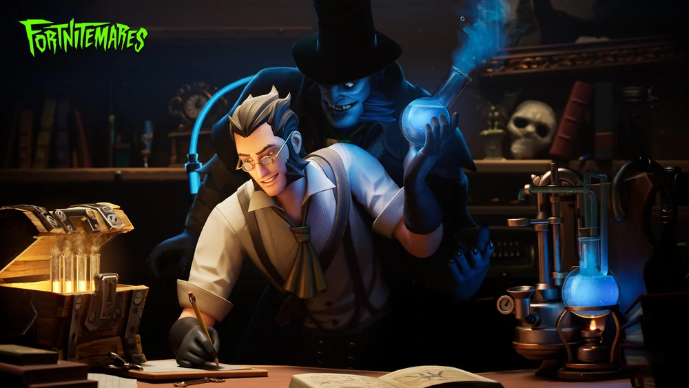 An image of a doctor working at his desk with a blue vial, a monstrous blue figure hovering behind and slightly above him
