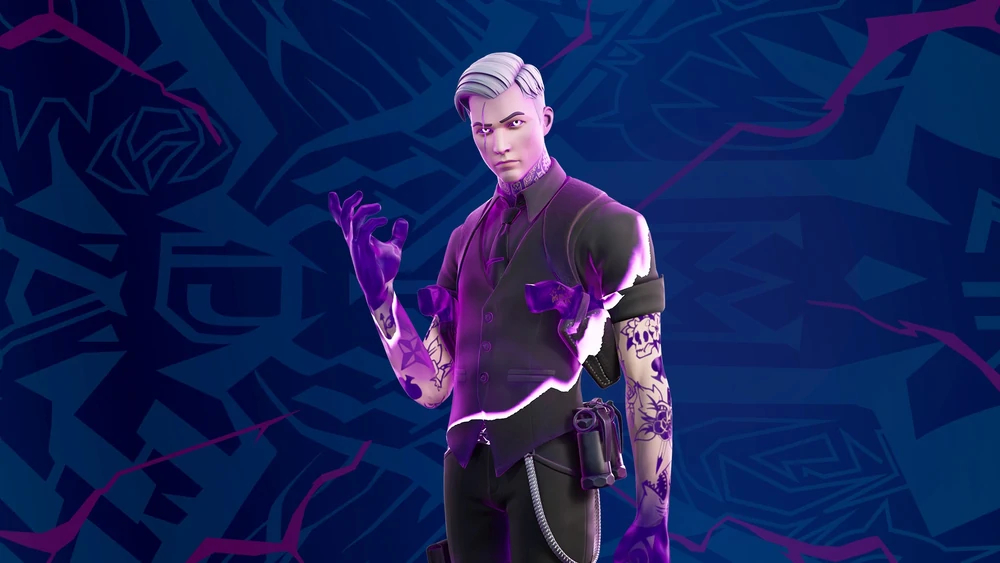 A promotional image of Midas, corrupted by purple cube energy