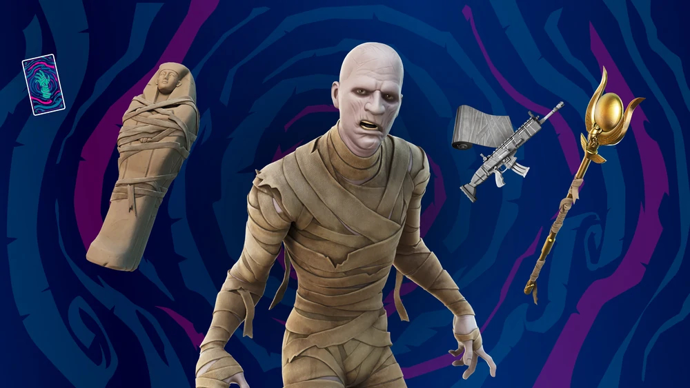A mummy wrapped in bandages with his head unwrapped