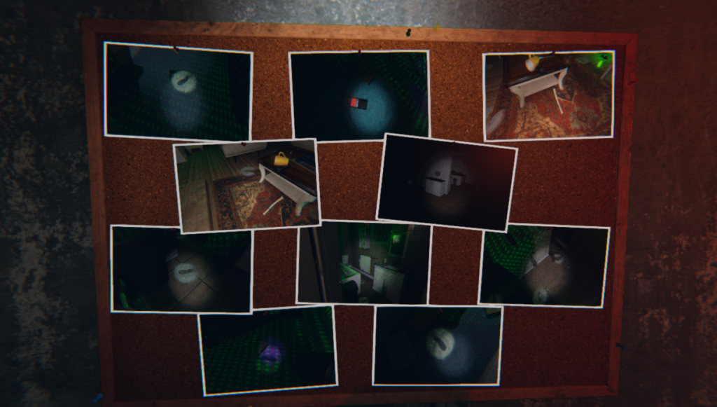 Many investigation photos pinned on a board.