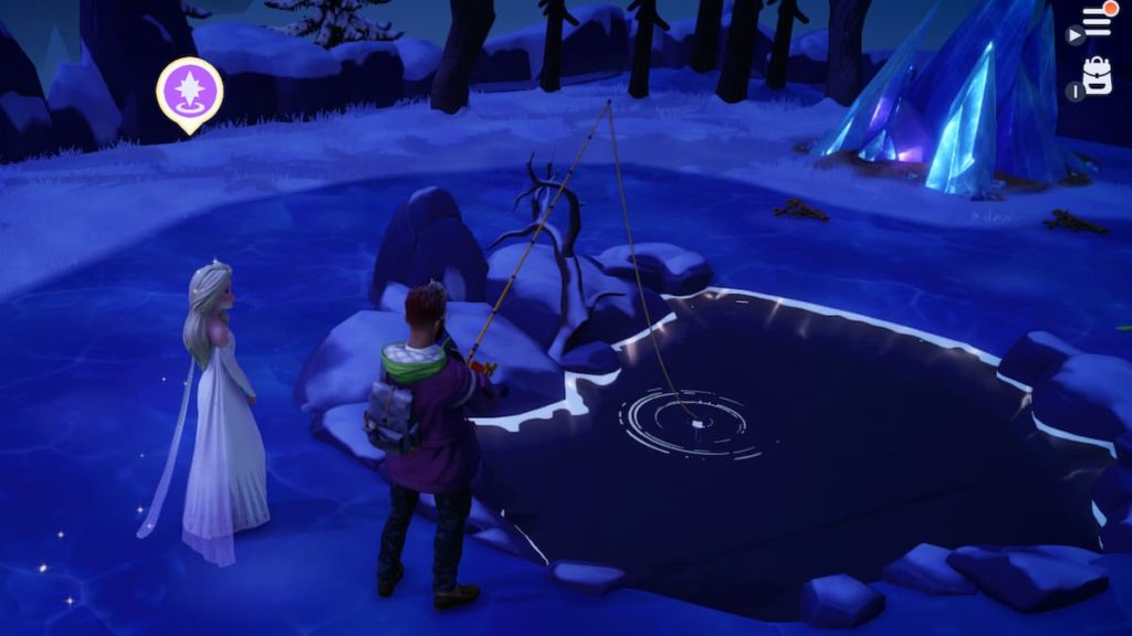 The player fishing next to Elsa in the Frosted Heights biome. 