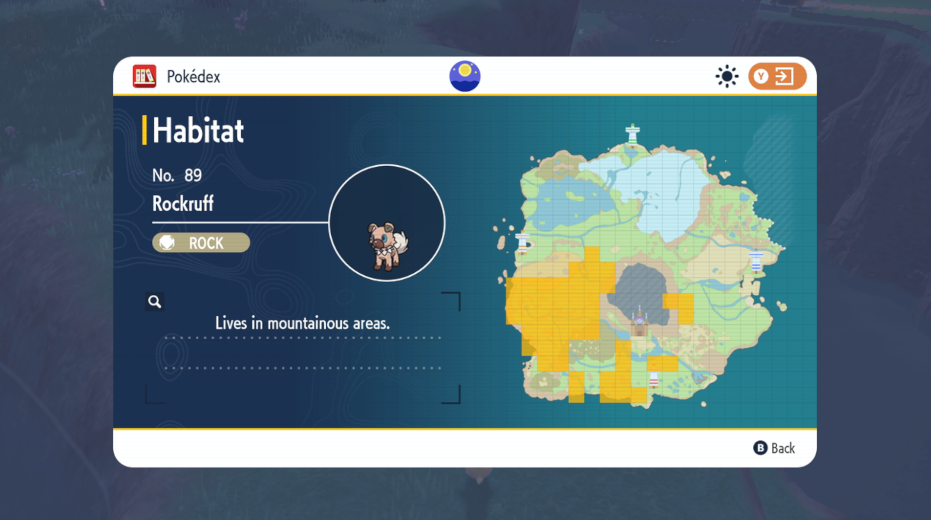 A map view of a poke dex entry for Rockruff