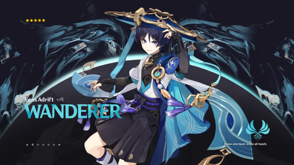 Wanderer grinning and holding his hat while Anemo energy swirls around him in his splash art.