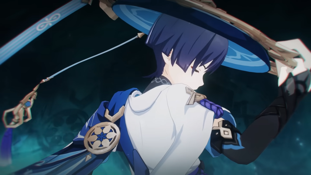 A close up side shot of Wanderer holding his hat and looking down with his eyes closed.