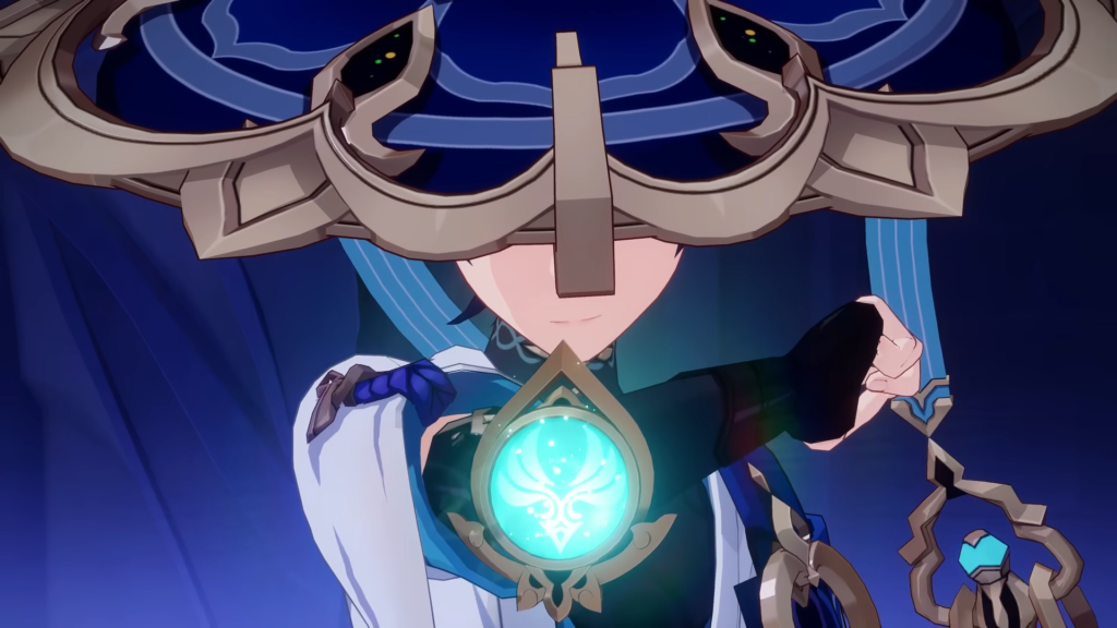 Wanderer looking slightly down with a small smile as his hat hides the top half of his face and his Anemo Vision floats in front of him.